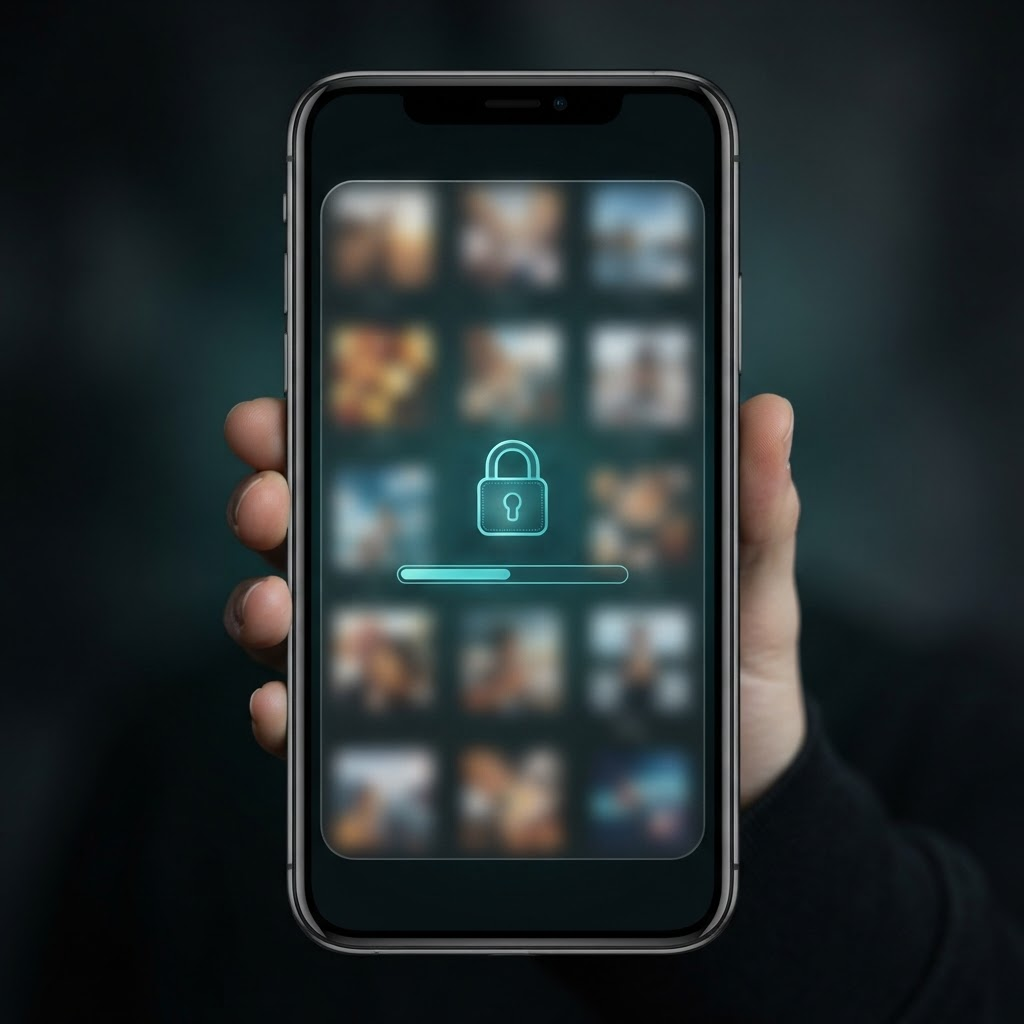A phone screen showing a blurred content preview locked behind a padlock icon